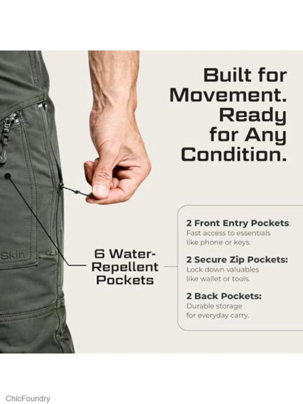 Water Repellent Stretch Cargo Pants with Six Zippered Pockets